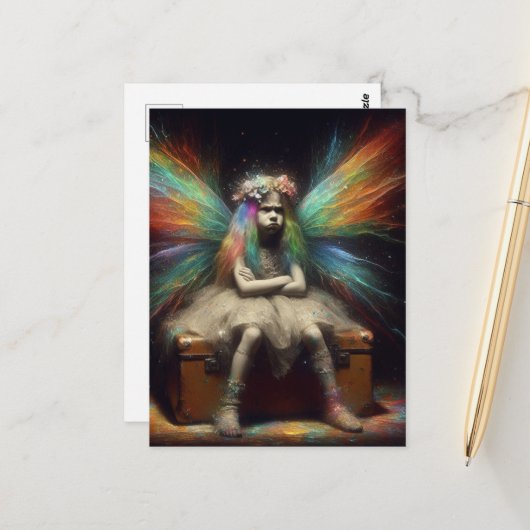 Grumpy Fairy Zittend op een kofferbak Briefkaart (Voorkant / Achterkant in situ)
