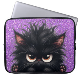 GRUMPY FLUFFY LITTLE BLACK KITTEN LAPTOP SLEEVE