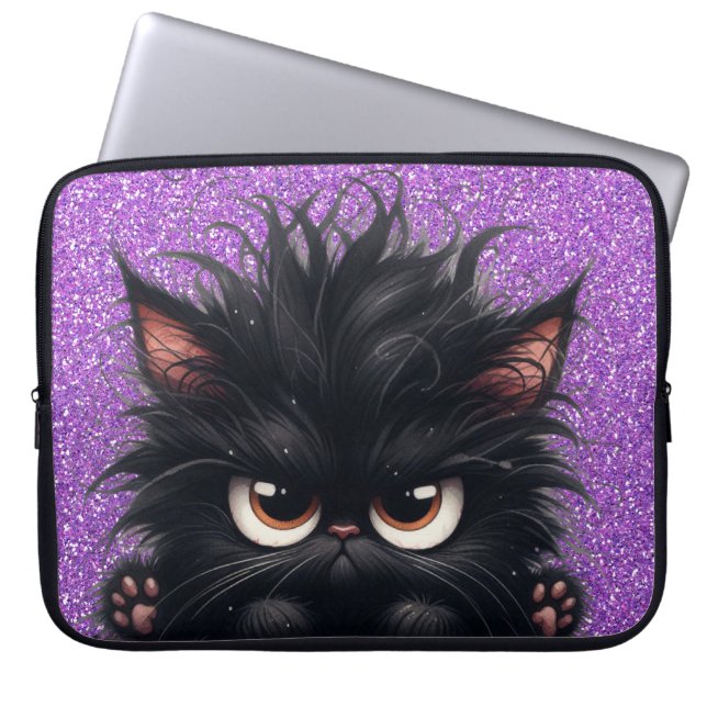 GRUMPY FLUFFY LITTLE BLACK KITTEN LAPTOP SLEEVE (Voorkant)