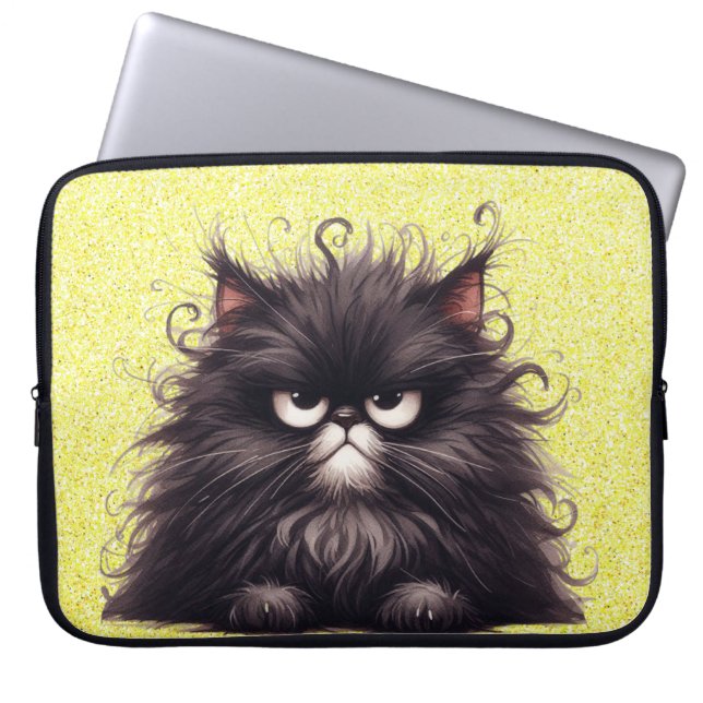 GRUMPY FLUFFY LITTLE BLACK KITTEN LAPTOP SLEEVE (Voorkant)