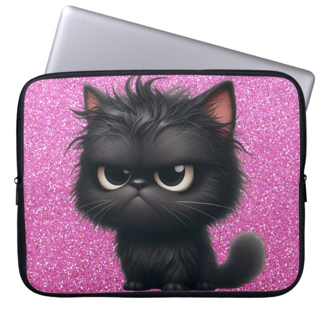 GRUMPY FLUFFY LITTLE BLACK KITTEN LAPTOP SLEEVE (Voorkant)