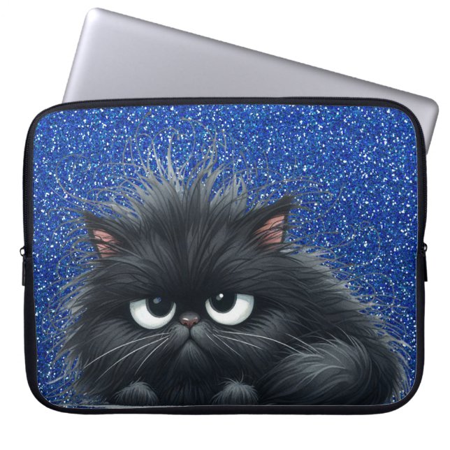 GRUMPY FLUFFY LITTLE BLACK KITTEN LAPTOP SLEEVE (Voorkant)