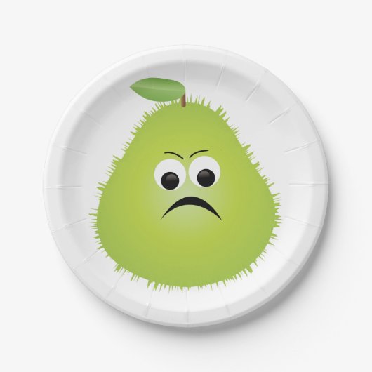 Grumpy Fuzzy Pear Face Grappig Fruit karakter Papieren Bordje (Voorkant)
