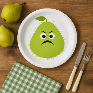 Grumpy Fuzzy Pear Face Grappig Fruit karakter Papieren Bordje