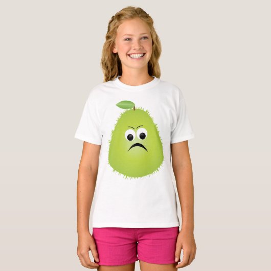 Grumpy Fuzzy Pear Face Grappig Fruit karakter T-shirt (Voorkant volledig)
