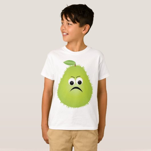 Grumpy Fuzzy Pear Face Grappig Fruit karakter T-shirt (Voorkant volledig)