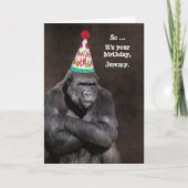 Grumpy Gorilla in Party Hat Birthday Personalized Kaart (Voorkant)