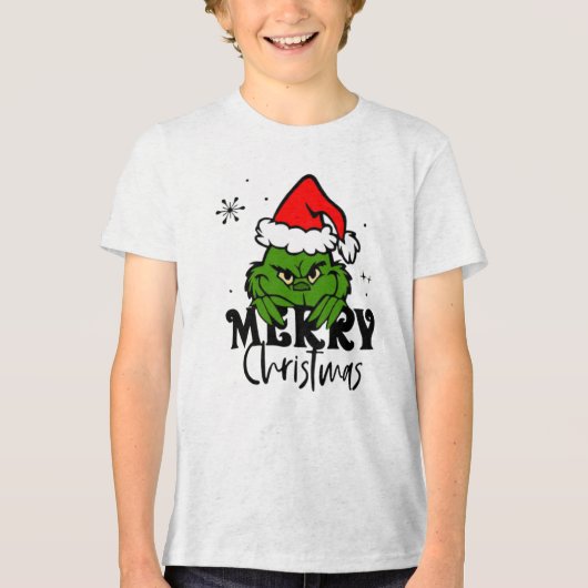 Grumpy Green Christmas Character in Santa Hat Tri-Blend Shirt (Voorkant)