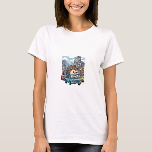 Grumpy Hedgehog Road Rage Driving Blue Car in City T-shirt (Voorkant)