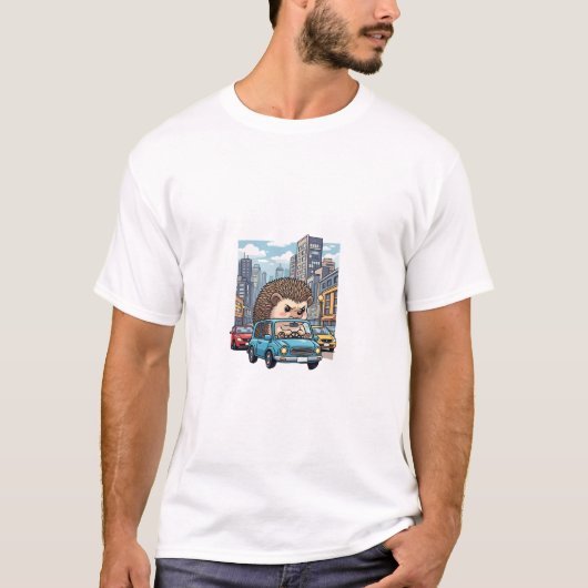 Grumpy Hedgehog Road Rage Driving Blue Car in City T-shirt (Voorkant)