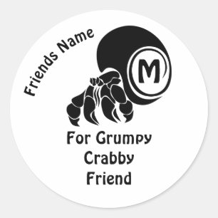 Grumpy Hermit Crab Silhouette Monogram Ronde Sticker