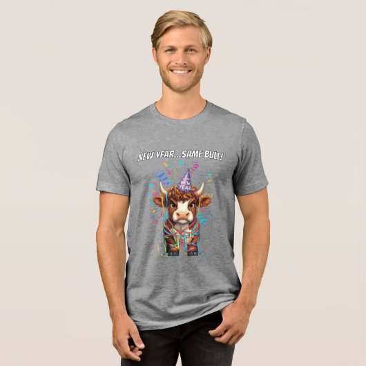 Grumpy Highland Cow New Year's Funny Sarcastic Tri-Blend Shirt (Voorkant volledig)