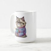 Grumpy kat in pyjama met koffie koffiemok (Voorkant links)