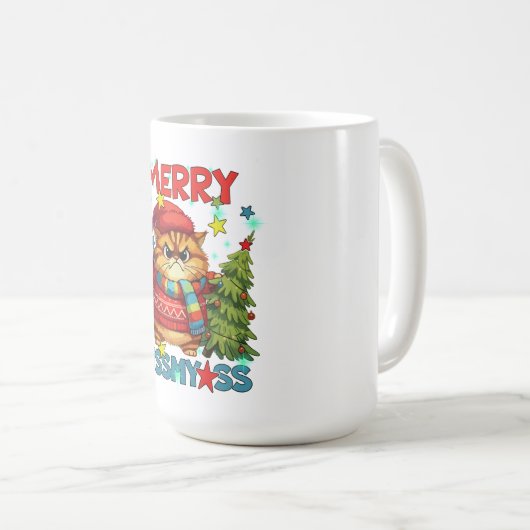 Grumpy kat miauwt vrolijke kerst kissmyass koffiemok (Voorkant rechts)