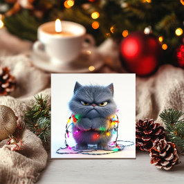 Grumpy kerstkat met kleurrijke lichten feestdagenkaart