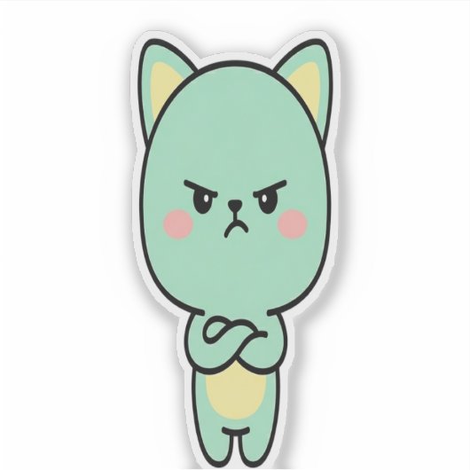 ⭐ Grumpy Mint Cat – Cute Kawaii Cartoon Sticker (Voorkant)