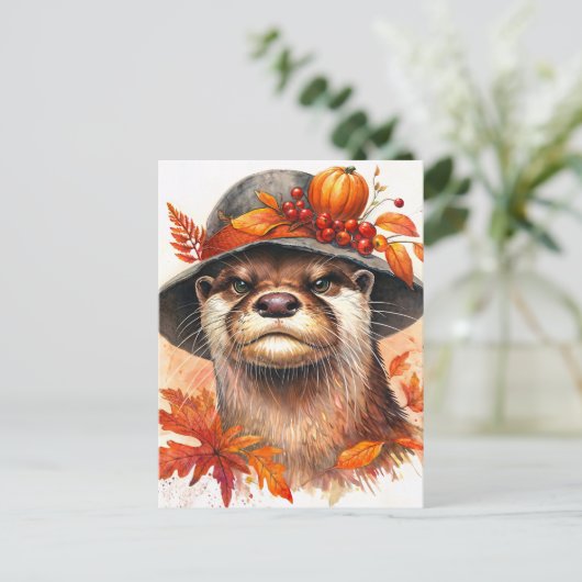 Grumpy Otter Autumn Waterverf Art Briefkaart (Staand voorkant)