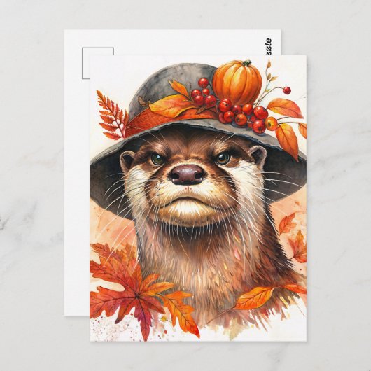 Grumpy Otter Autumn Waterverf Art Briefkaart (Voorkant / Achterkant)