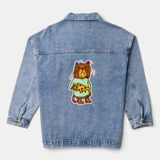 Grumpy Pizza Pet Grappige Kat Tekenplezier Denim Jacket (Achterkant)