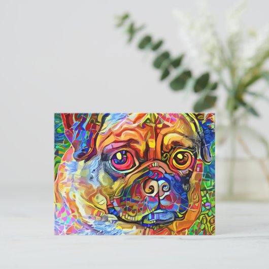 Grumpy Pug Dog Impressionist Pet Portret Briefkaart (Staand voorkant)