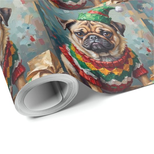 Grumpy Pug Dog in Elf Hat Funny Christmas Art Cadeaupapier (Rol Hoek)