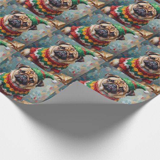 Grumpy Pug Dog in Elf Hat Funny Christmas Art Cadeaupapier (Hoek)
