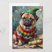 Grumpy Pug Dog in Elf Hat Funny Christmas Art Feestdagenkaart (Voorkant / Achterkant)