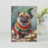 Grumpy Pug Dog in Elf Hat Funny Christmas Art Feestdagenkaart (Staand voorkant)
