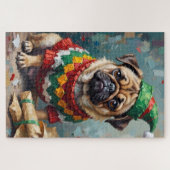Grumpy Pug Dog in Elf Hat Funny Christmas Art Legpuzzel (Horizontaal)