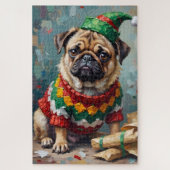 Grumpy Pug Dog in Elf Hat Funny Christmas Art Legpuzzel (Verticaal)