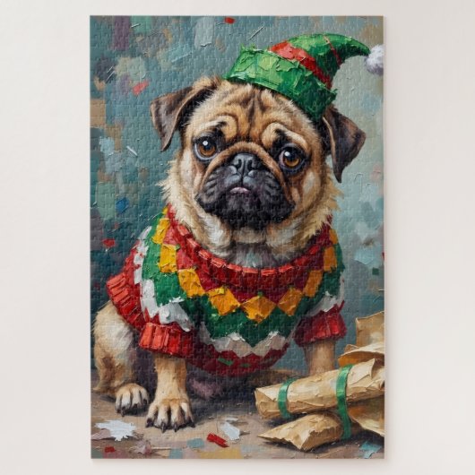 Grumpy Pug Dog in Elf Hat Funny Christmas Art Legpuzzel (Verticaal)