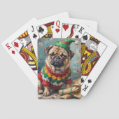 Grumpy Pug Dog in Elf Hat Funny Christmas Art Pokerkaarten (Achterkant)