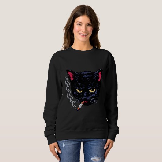Grumpy Smoking Black Cat Y2K Attitude Retro Design Trui (Voorkant volledig)