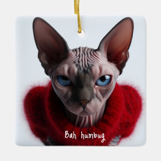 Grumpy Sphynx Kat Kerstmis Keramisch Ornament (Voorkant)