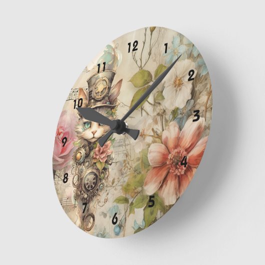 Grumpy Steampunk Cat Collage  Papier Rozen Ronde Klok (Hoek)