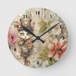 Grumpy Steampunk Cat Collage Papier Rozen Ronde Klok
