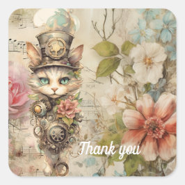 Grumpy Steampunk Cat Collage Papier Rozen Vierkante Sticker