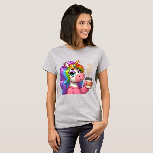 Grumpy Unicorn Needs Coffee Cartoon T-shirt (Voorkant volledig)