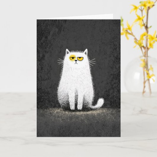 Grumpy White Cat – Funny Minimal Cat Art Kaart (Gele Bloem)
