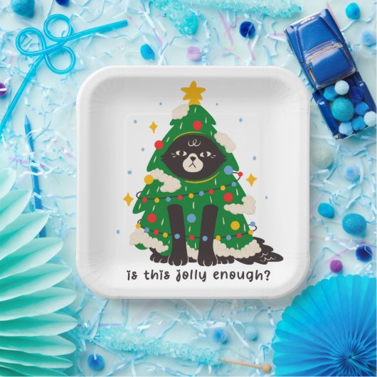 Grumpy zwarte kat gekleed als een boom papieren bordje (Feest)