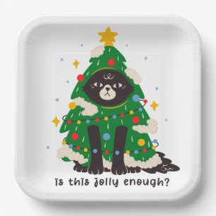 Grumpy zwarte kat gekleed als een boom papieren bordje