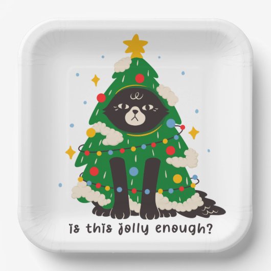 Grumpy zwarte kat gekleed als een boom papieren bordje (Voorkant)