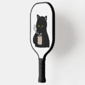 Grumpy zwarte kat met koffie ochtend grouch pickleball paddle (Links)