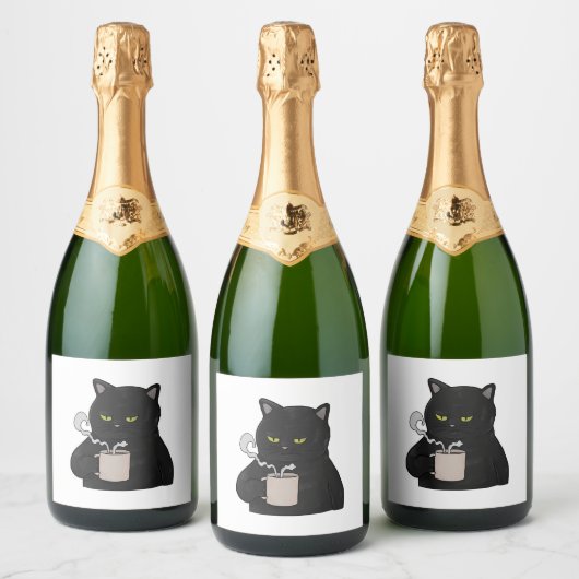Grumpy zwarte kat met koffie ochtend grouch sparkling wijnetiket (Flessen)