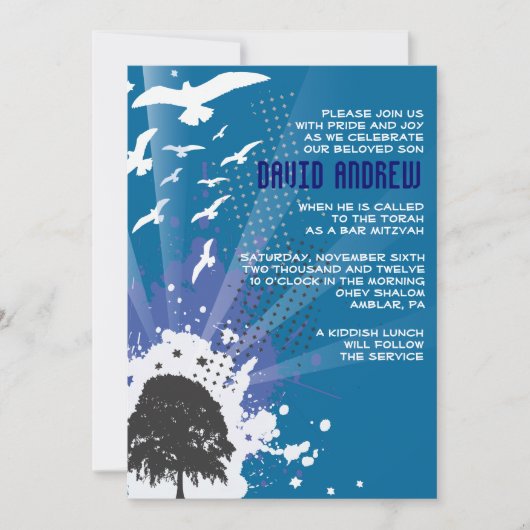 GRUNDGE TREE MET BIRDS Bar Bat Mitzvah Invitation Kaart (Voorkant)