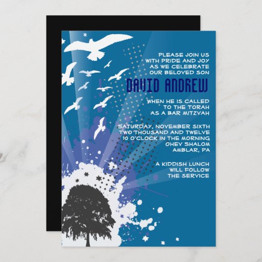 GRUNDGE TREE MET BIRDS Bar Bat Mitzvah Invitation Kaart (Voorkant / Achterkant)