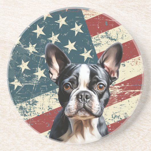Grunge American Flag Boston Terrier Dog Zandsteen Onderzetter (Voorkant)