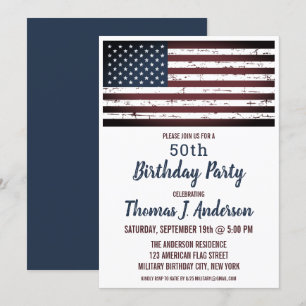 Grunge American Flag Patriotic 50 Birthday Party Kaart