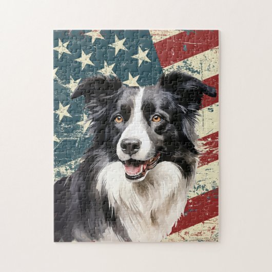 Grunge Amerikaanse Vlag Border Collie Hond Legpuzzel (Verticaal)