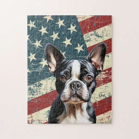 Grunge Amerikaanse Vlag Boston Terrier Hond Legpuzzel (Verticaal)